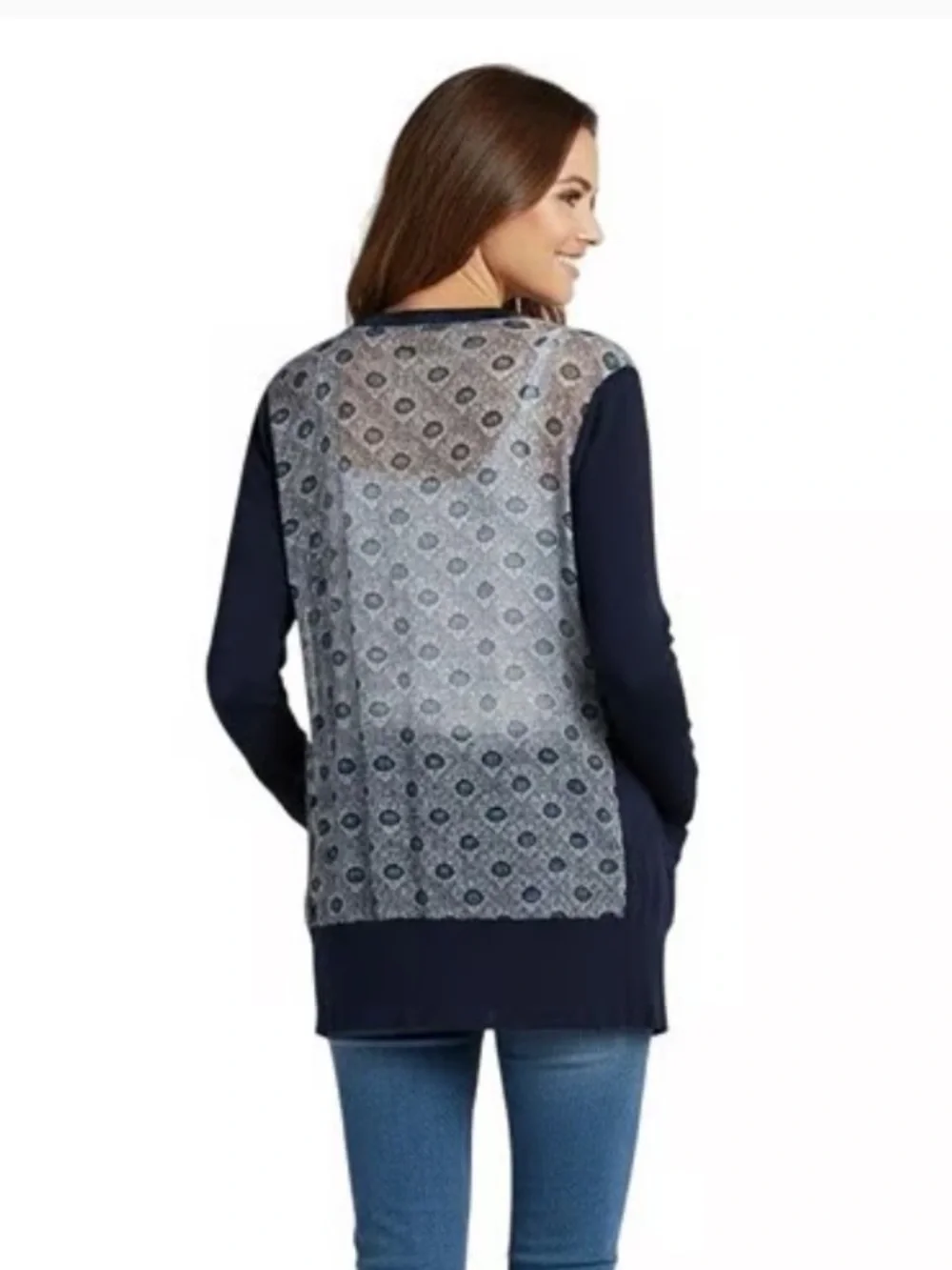 Tory Burch Navy Peacock Silk-Back Button up Cardigan